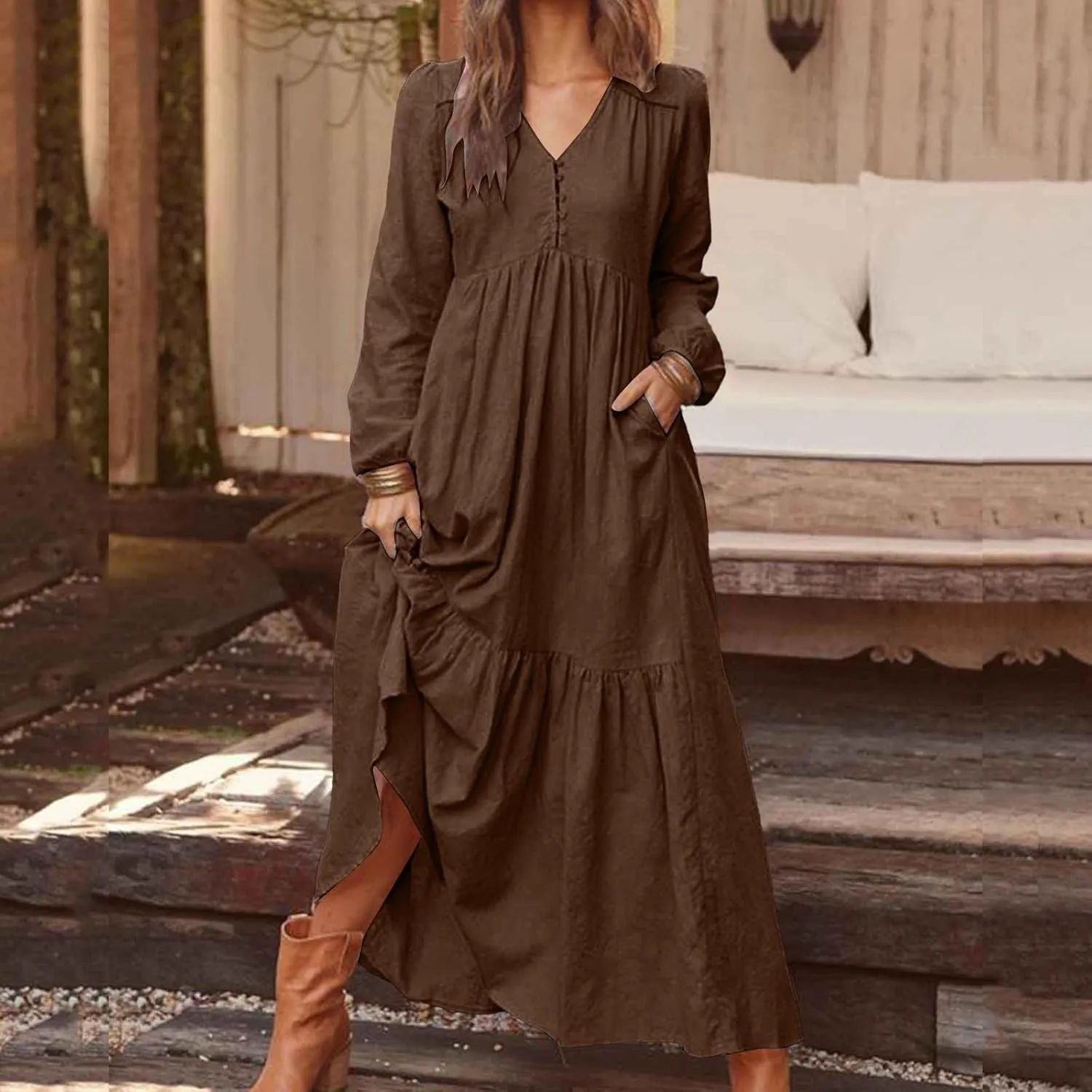 Women's Linen Maxi Dress Long Sleeve with Pockets Casual V Neck Tiered Ruffle Boho Beach Line Cocktail Party Dresses