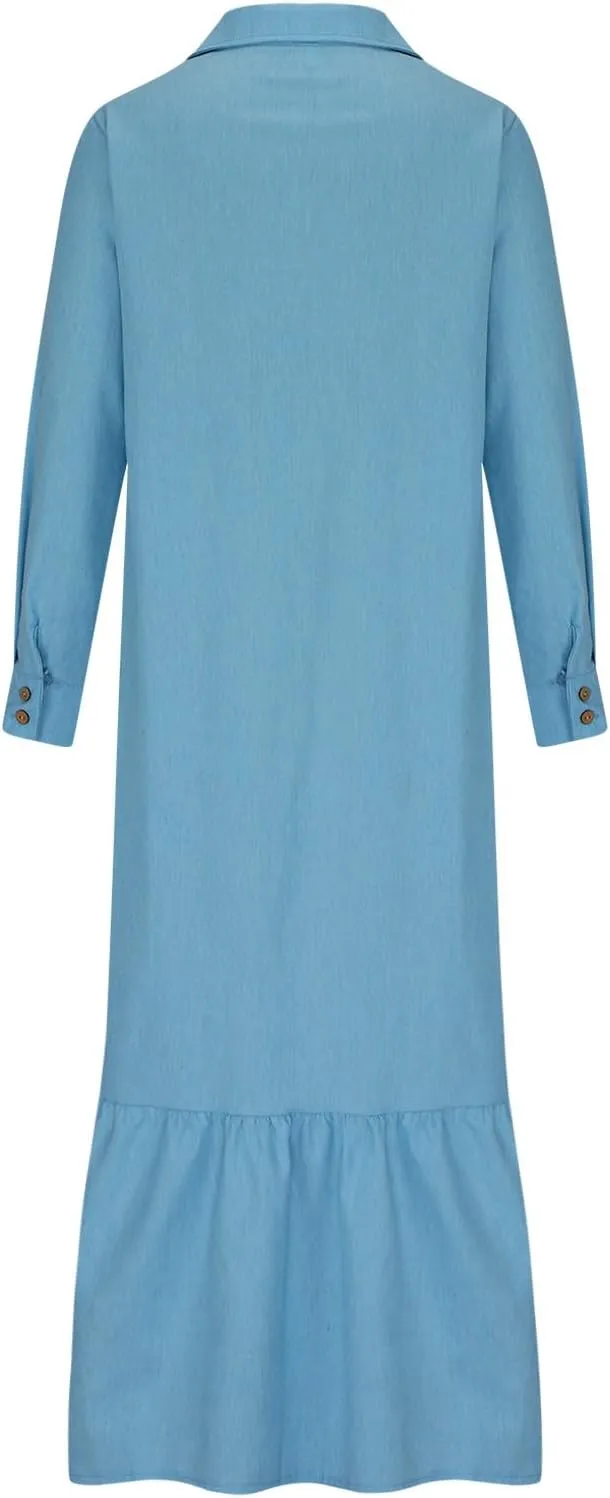 Women's Long Sleeve Button Down Maxi Dress 2024 Casual Wrap V Neck Ruffle Tiered Long Flowy Dresses Pullover