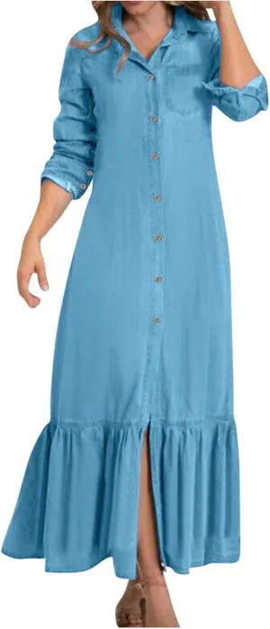 Women's Long Sleeve Button Down Maxi Dress 2024 Casual Wrap V Neck Ruffle Tiered Long Flowy Dresses Pullover