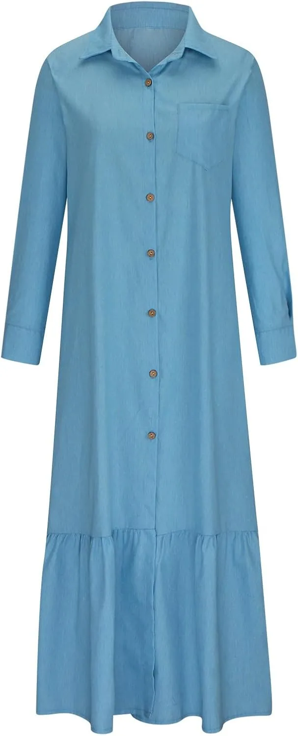 Women's Long Sleeve Button Down Maxi Dress 2024 Casual Wrap V Neck Ruffle Tiered Long Flowy Dresses Pullover