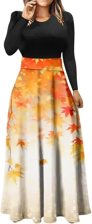 Womens Long Sleeve Maxi Wedding Guest Dresses for Fall Casual Crewneck Tunic Dress Long High Waist Halloween Dress