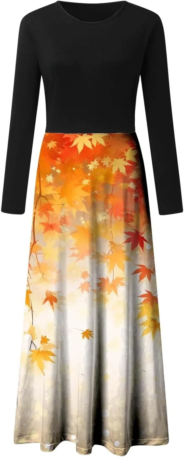 Womens Long Sleeve Maxi Wedding Guest Dresses for Fall Casual Crewneck Tunic Dress Long High Waist Halloween Dress