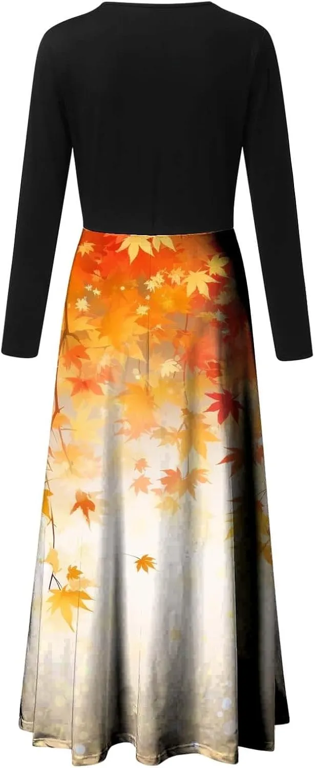 Womens Long Sleeve Maxi Wedding Guest Dresses for Fall Casual Crewneck Tunic Dress Long High Waist Halloween Dress