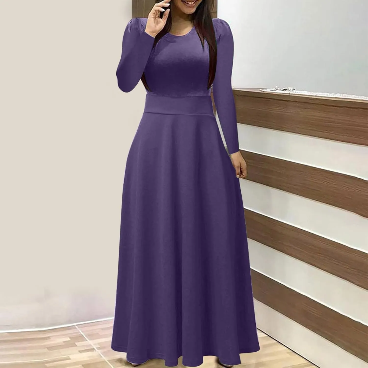 Womens Long Sleeve Maxi Wedding Guest Dresses for Fall Casual Crewneck Tunic Dress Long High Waist Halloween Dress