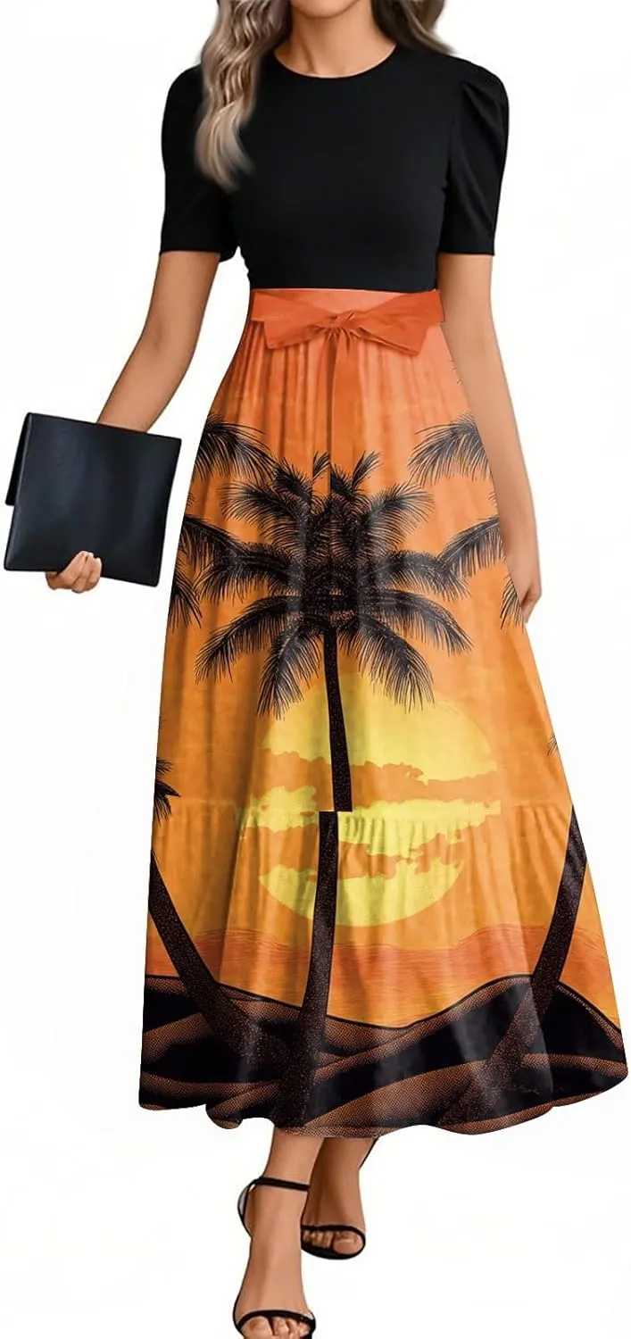 Womens Modest Dresses Maxi Modest Empire Floral Spring Belted Short Sleeve Tie Waist Wedding Guest Dresses for Women