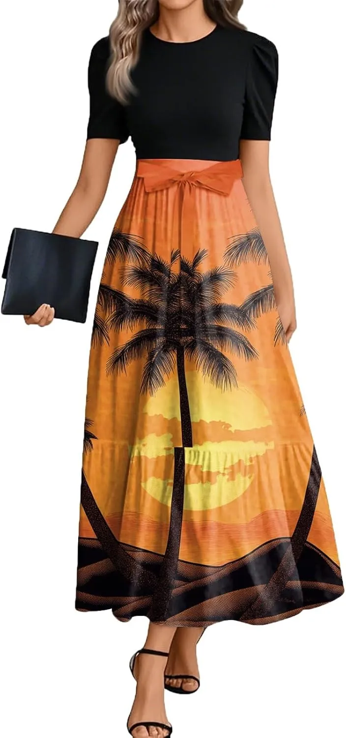 Womens Modest Dresses Maxi Modest Empire Floral Spring Belted Short Sleeve Tie Waist Wedding Guest Dresses for Women