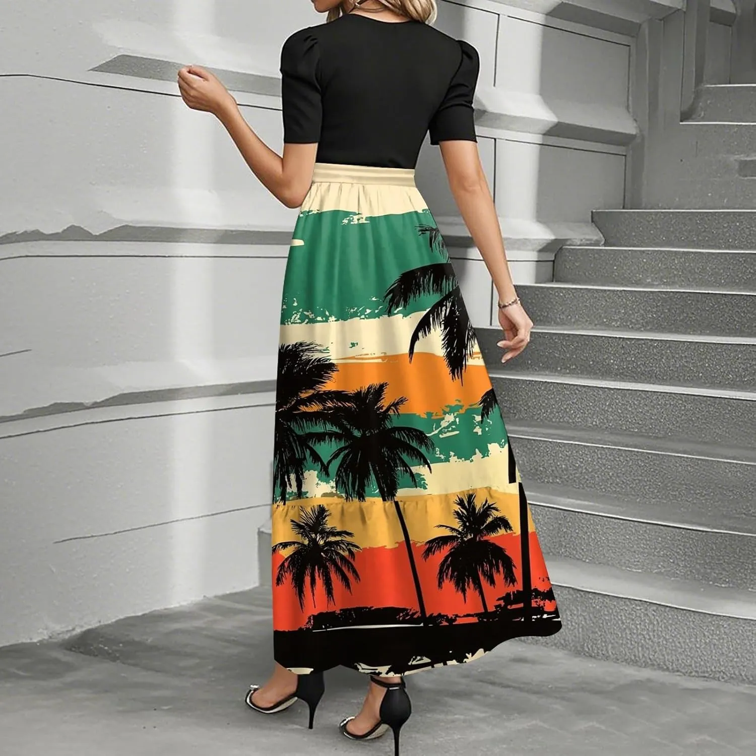 Womens Modest Dresses Maxi Modest Empire Floral Spring Belted Short Sleeve Tie Waist Wedding Guest Dresses for Women