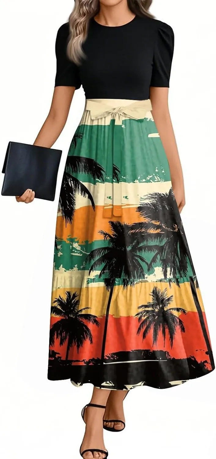 Womens Modest Dresses Maxi Modest Empire Floral Spring Belted Short Sleeve Tie Waist Wedding Guest Dresses for Women
