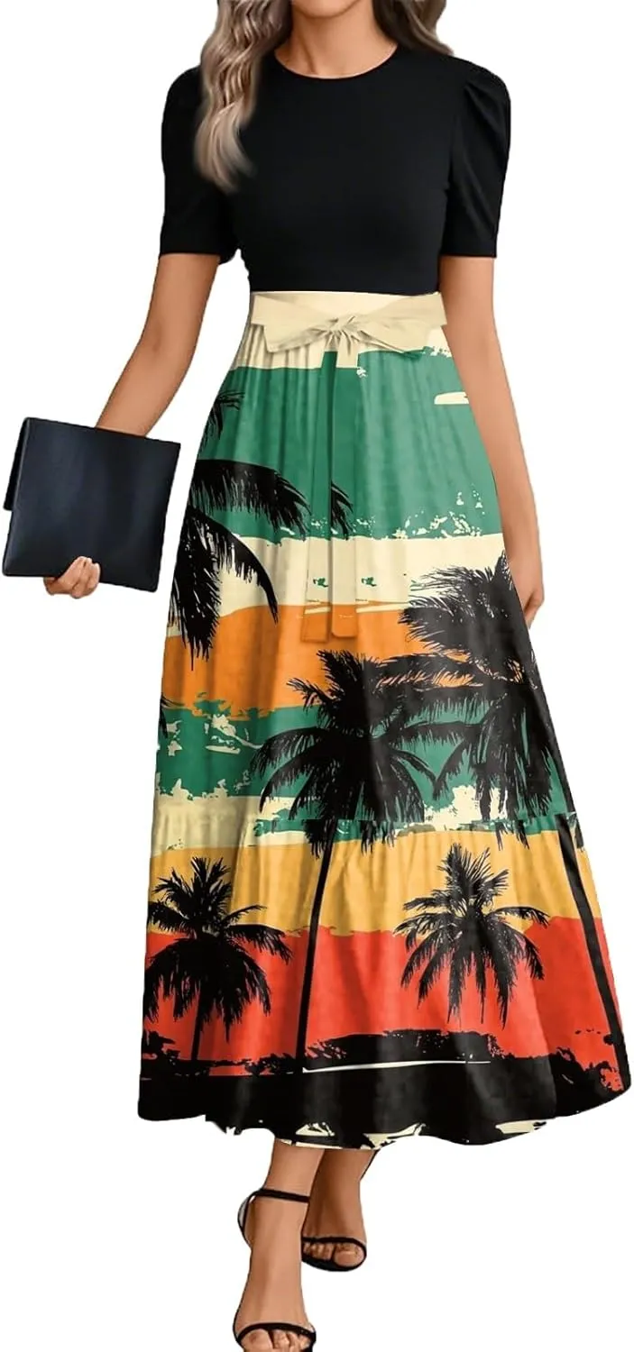 Womens Modest Dresses Maxi Modest Empire Floral Spring Belted Short Sleeve Tie Waist Wedding Guest Dresses for Women