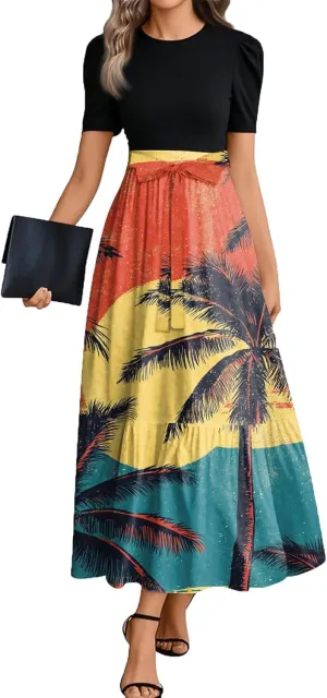 Womens Modest Dresses Maxi Modest Empire Floral Spring Belted Short Sleeve Tie Waist Wedding Guest Dresses for Women