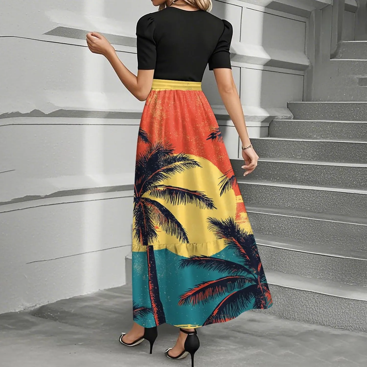 Womens Modest Dresses Maxi Modest Empire Floral Spring Belted Short Sleeve Tie Waist Wedding Guest Dresses for Women
