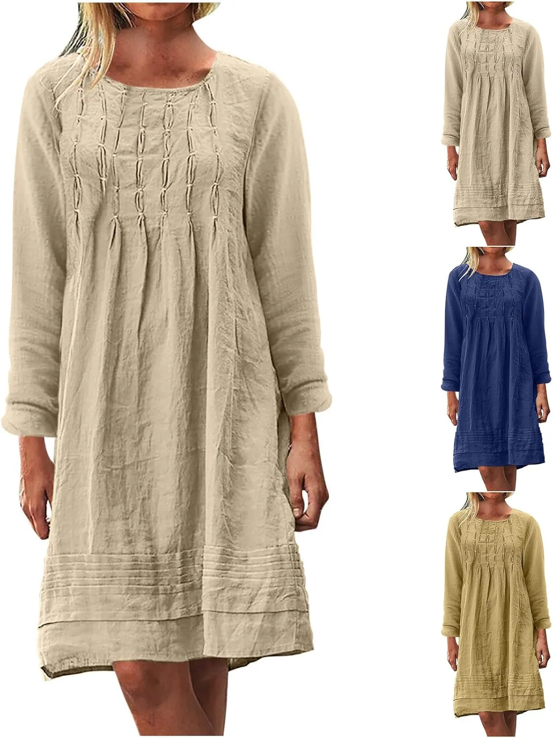 Women's Plain Cotton Linen Dresses Long Sleeve Knee-Length Peasant Dress Boho Plus Size Loose Fit Pleated Midi Dress