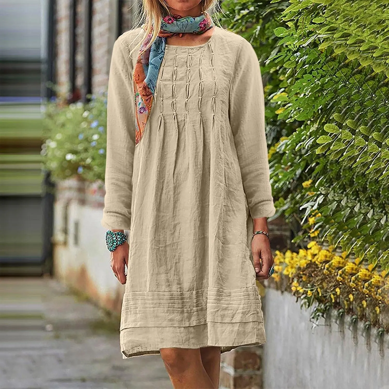 Women's Plain Cotton Linen Dresses Long Sleeve Knee-Length Peasant Dress Boho Plus Size Loose Fit Pleated Midi Dress