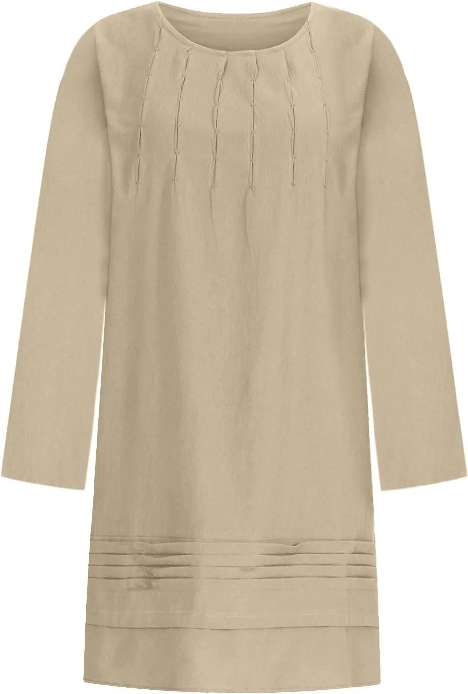 Women's Plain Cotton Linen Dresses Long Sleeve Knee-Length Peasant Dress Boho Plus Size Loose Fit Pleated Midi Dress