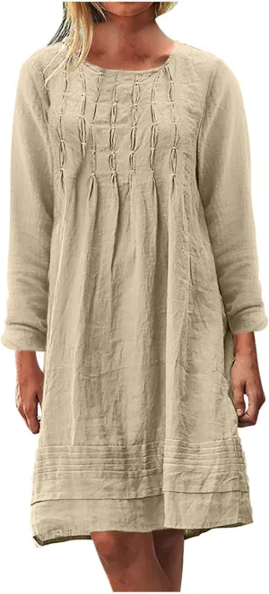 Women's Plain Cotton Linen Dresses Long Sleeve Knee-Length Peasant Dress Boho Plus Size Loose Fit Pleated Midi Dress