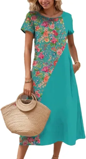 Women's Plus Size Boho Midi Dress Floral Print Crewneck Short Sleeve Flowy Summer Casual Tunic Dresses