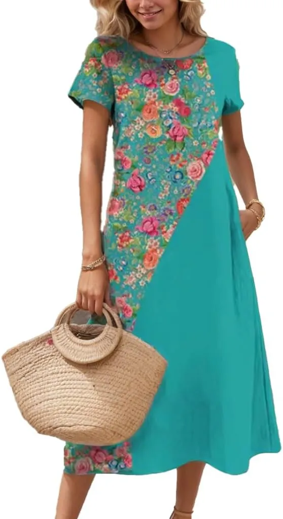 Women's Plus Size Boho Midi Dress Floral Print Crewneck Short Sleeve Flowy Summer Casual Tunic Dresses