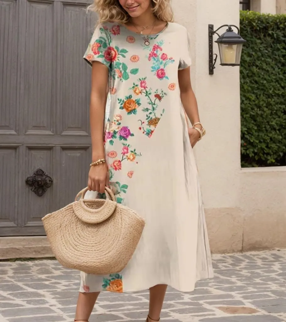 Women's Plus Size Boho Midi Dress Floral Print Crewneck Short Sleeve Flowy Summer Casual Tunic Dresses