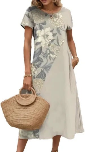 Women's Plus Size Boho Midi Dress Floral Print Crewneck Short Sleeve Flowy Summer Casual Tunic Dresses