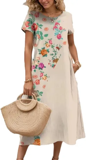 Women's Plus Size Boho Midi Dress Floral Print Crewneck Short Sleeve Flowy Summer Casual Tunic Dresses