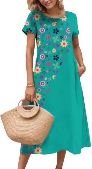 Women's Plus Size Boho Midi Dress Floral Print Crewneck Short Sleeve Flowy Summer Casual Tunic Dresses