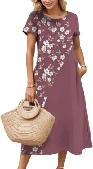 Women's Plus Size Boho Midi Dress Floral Print Crewneck Short Sleeve Flowy Summer Casual Tunic Dresses