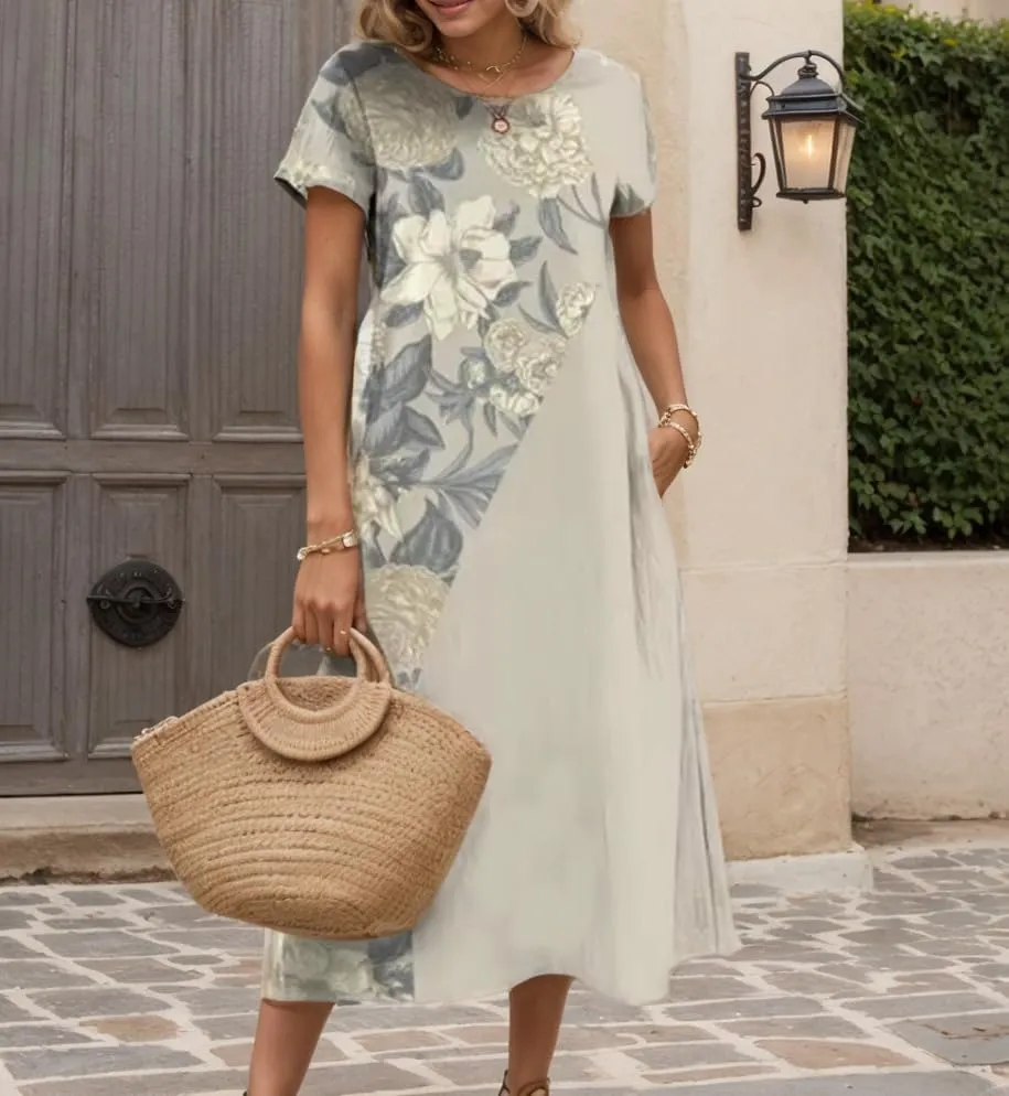 Women's Plus Size Boho Midi Dress Floral Print Crewneck Short Sleeve Flowy Summer Casual Tunic Dresses