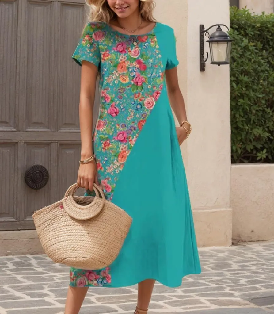 Women's Plus Size Boho Midi Dress Floral Print Crewneck Short Sleeve Flowy Summer Casual Tunic Dresses