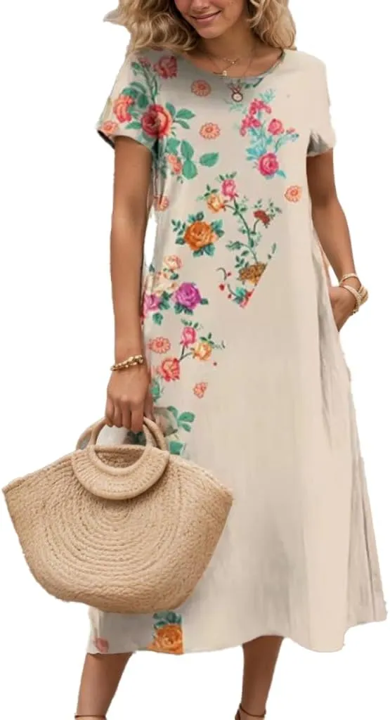 Women's Plus Size Boho Midi Dress Floral Print Crewneck Short Sleeve Flowy Summer Casual Tunic Dresses