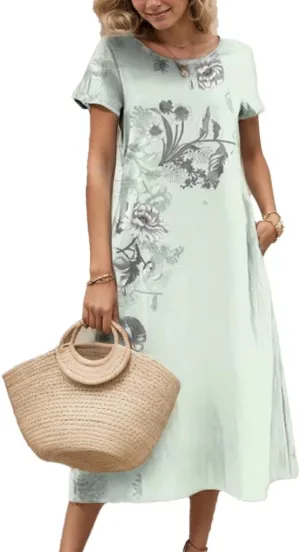 Women's Plus Size Boho Midi Dress Floral Print Crewneck Short Sleeve Flowy Summer Casual Tunic Dresses