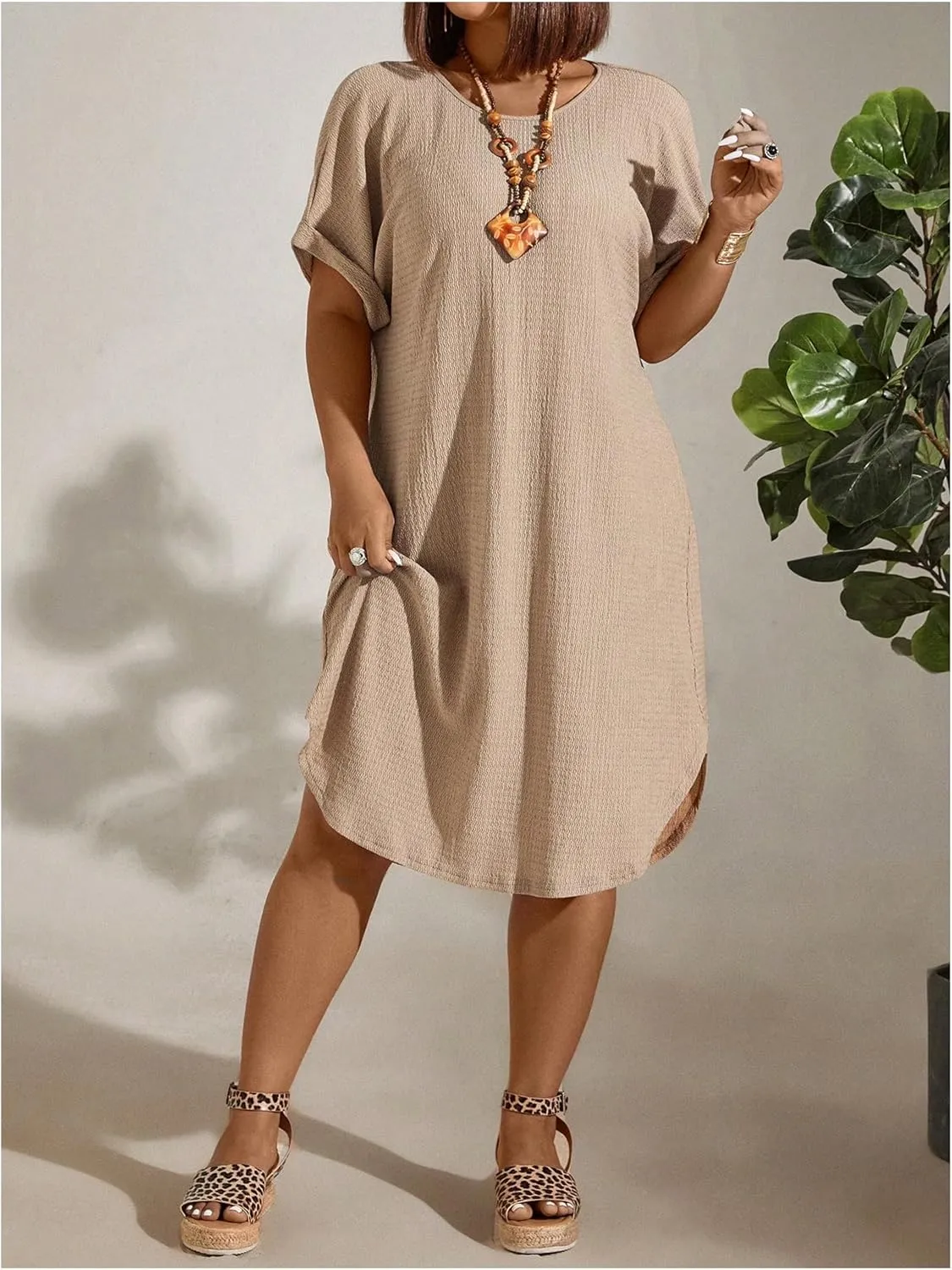 Women's Plus Size Dress Short Sleeve Midi Tunic Dresses Textured Casual Summer Dresses