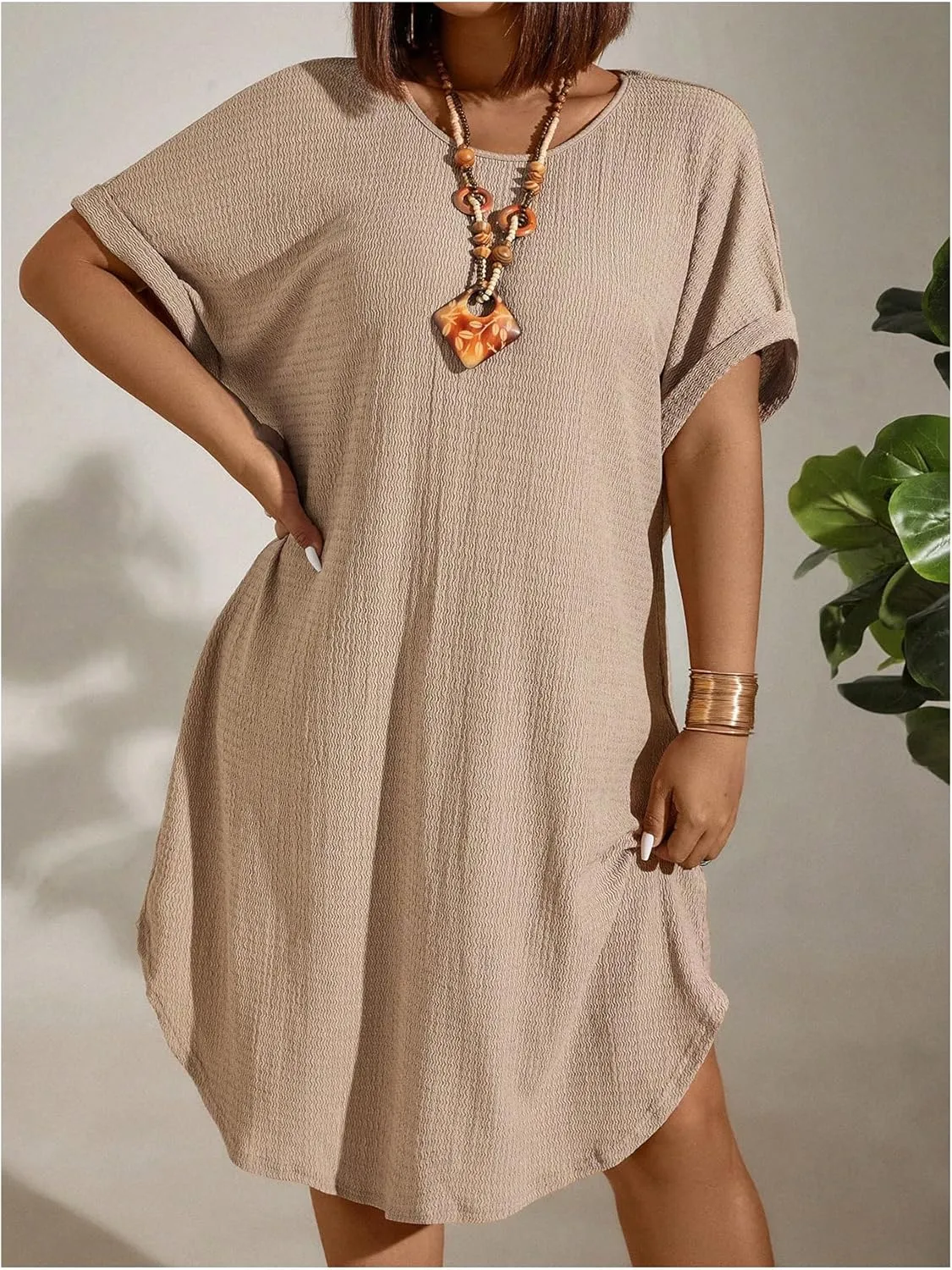 Women's Plus Size Dress Short Sleeve Midi Tunic Dresses Textured Casual Summer Dresses