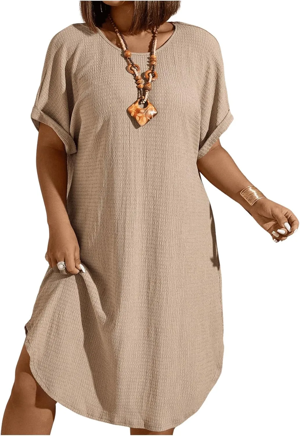 Women's Plus Size Dress Short Sleeve Midi Tunic Dresses Textured Casual Summer Dresses