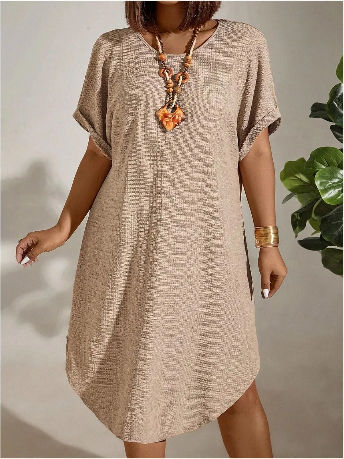 Women's Plus Size Dress Short Sleeve Midi Tunic Dresses Textured Casual Summer Dresses