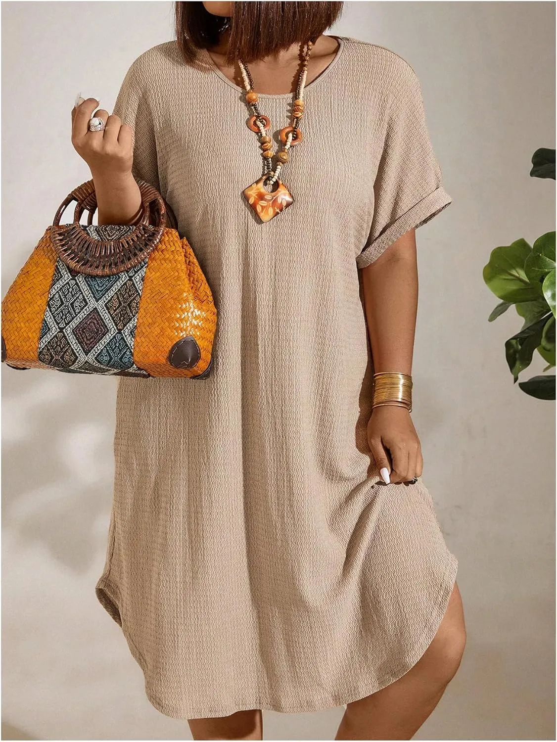Women's Plus Size Dress Short Sleeve Midi Tunic Dresses Textured Casual Summer Dresses