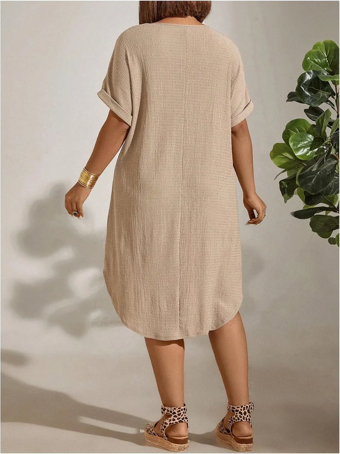 Women's Plus Size Dress Short Sleeve Midi Tunic Dresses Textured Casual Summer Dresses