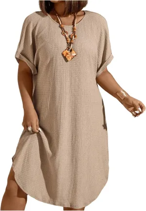 Women's Plus Size Dress Short Sleeve Midi Tunic Dresses Textured Casual Summer Dresses