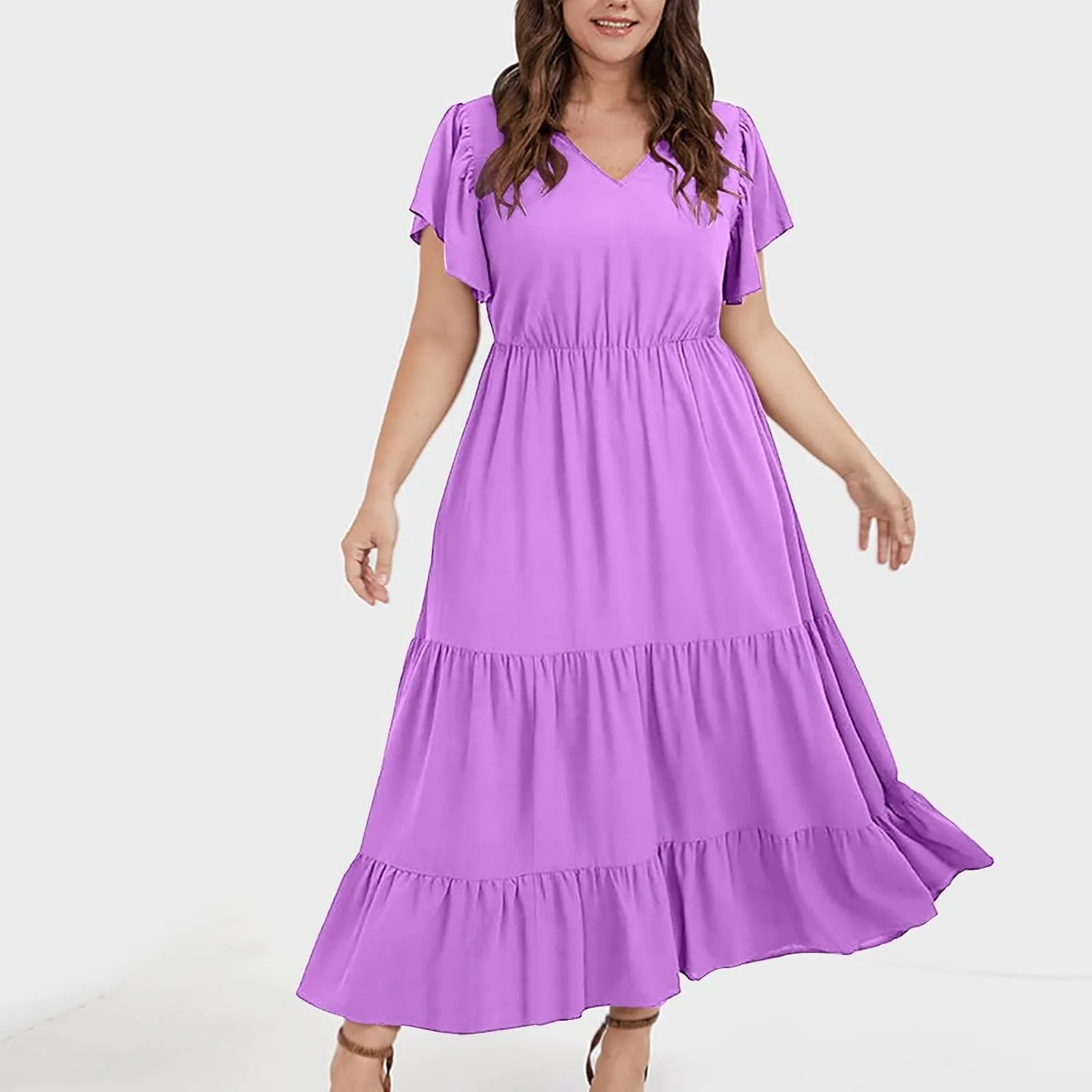 Womens Plus Size Dress V Neck Smocked Elastic Waist Short Sleeve Mini Dress Flutter Short Sundress
