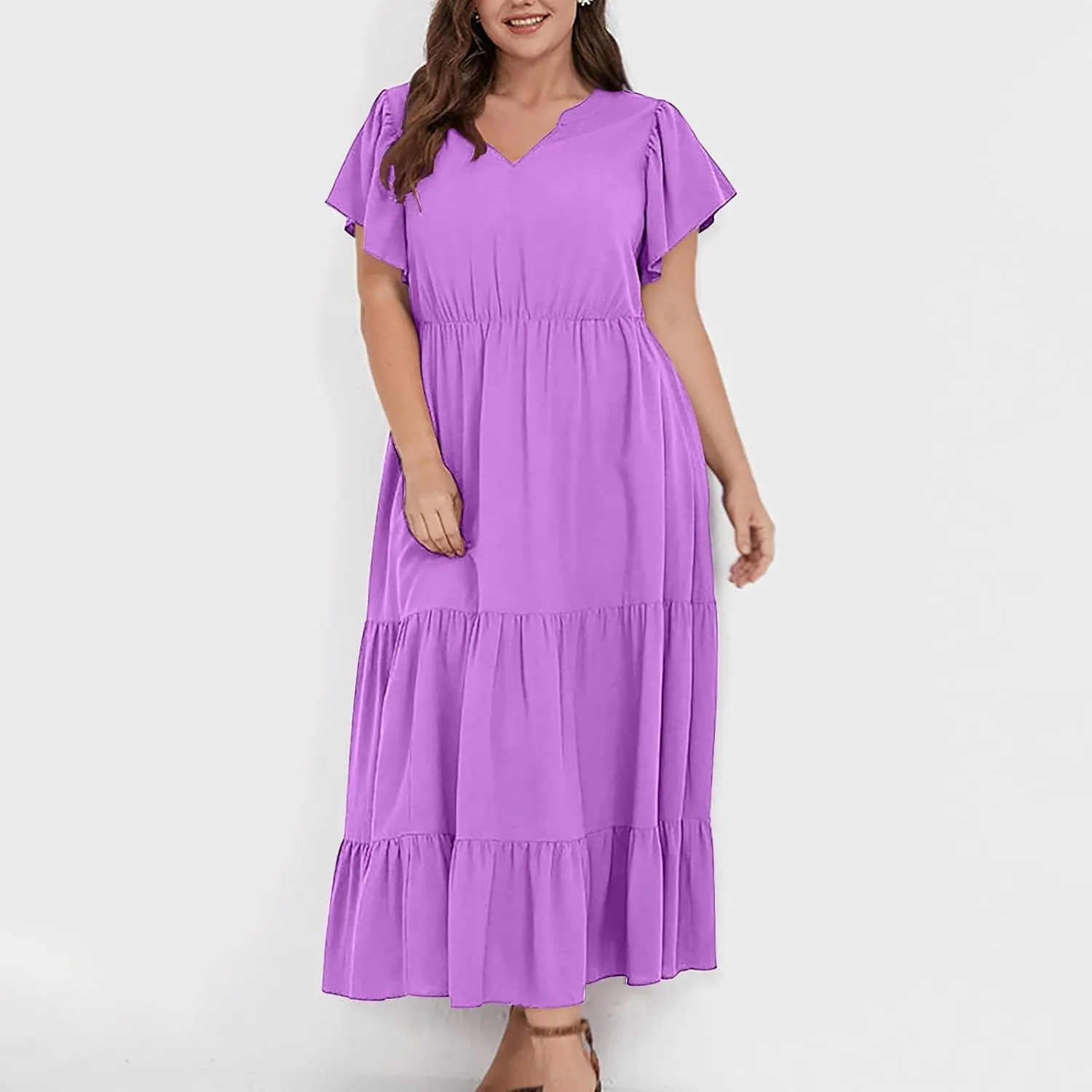 Womens Plus Size Dress V Neck Smocked Elastic Waist Short Sleeve Mini Dress Flutter Short Sundress