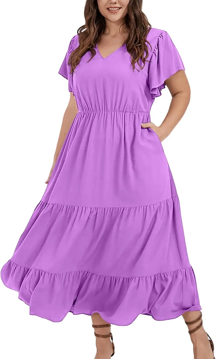 Womens Plus Size Dress V Neck Smocked Elastic Waist Short Sleeve Mini Dress Flutter Short Sundress