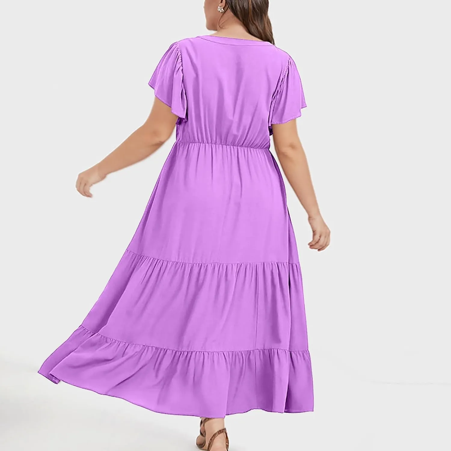 Womens Plus Size Dress V Neck Smocked Elastic Waist Short Sleeve Mini Dress Flutter Short Sundress