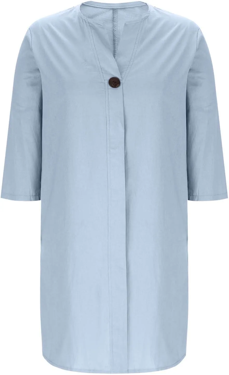 Womens Plus Size Linen Midi Dresses Summer Spring Long Sleeve Casual Button Elegant Formal Knee Length Dress