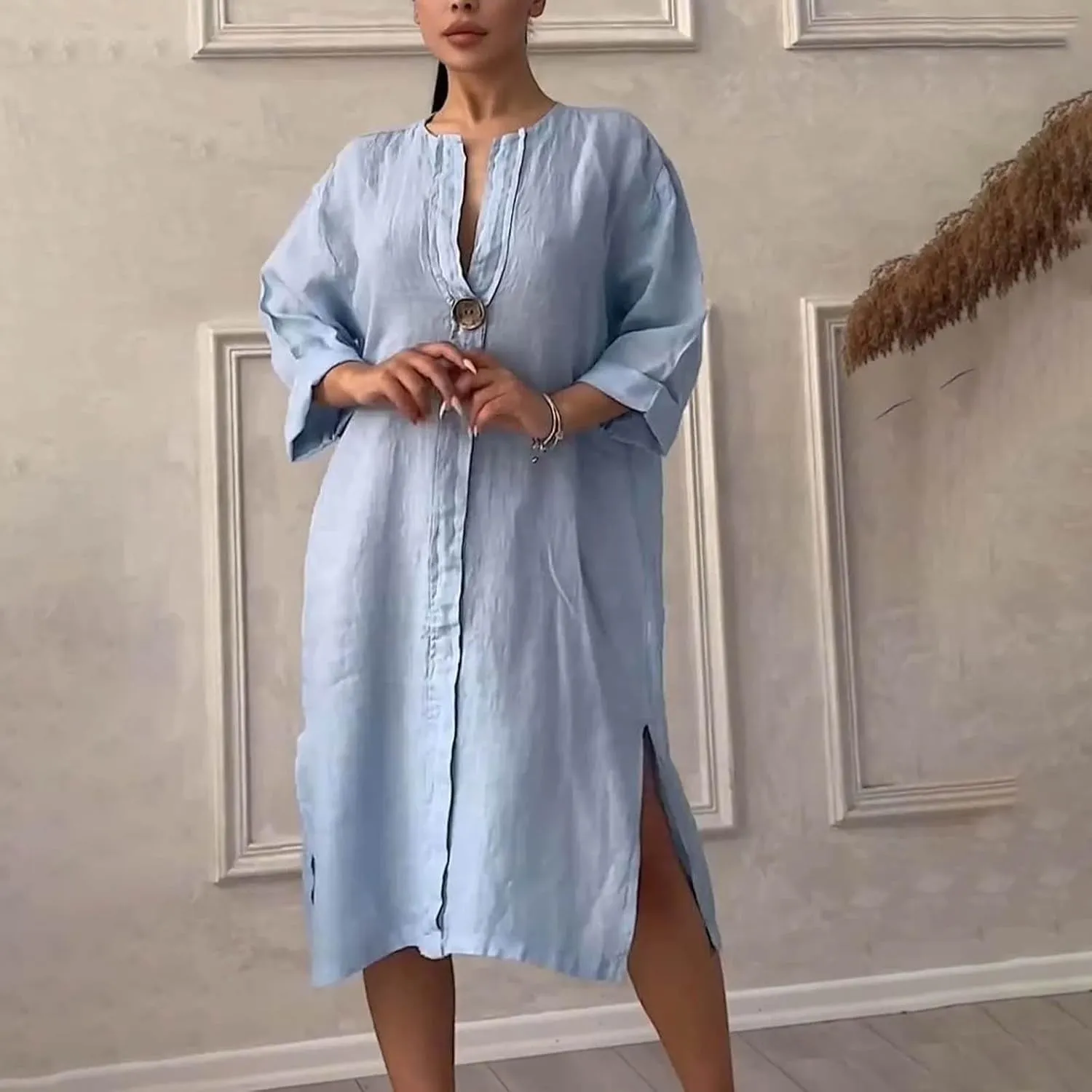Womens Plus Size Linen Midi Dresses Summer Spring Long Sleeve Casual Button Elegant Formal Knee Length Dress