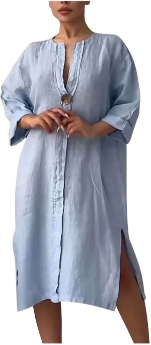 Womens Plus Size Linen Midi Dresses Summer Spring Long Sleeve Casual Button Elegant Formal Knee Length Dress