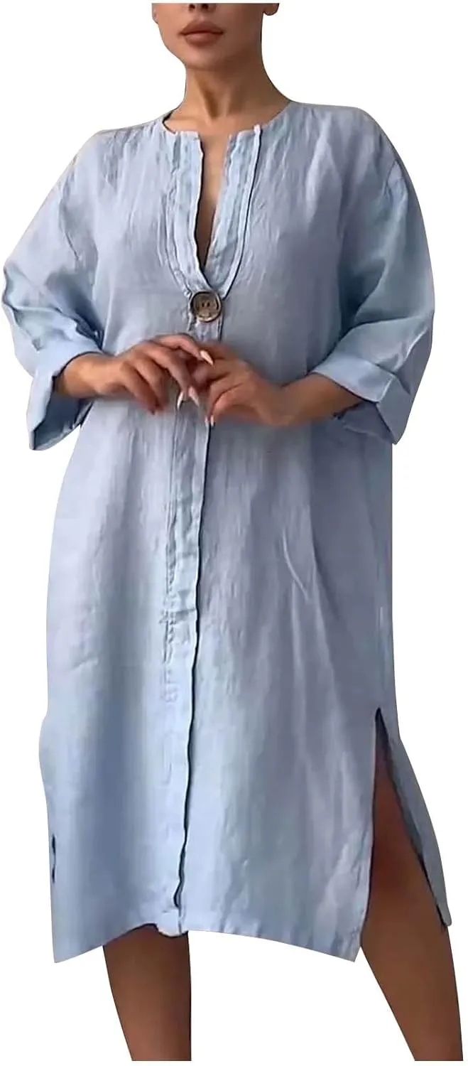 Womens Plus Size Linen Midi Dresses Summer Spring Long Sleeve Casual Button Elegant Formal Knee Length Dress
