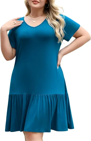 Women's Plus Size Tiered Midi Tunic Dresses 2025 Sexy V Neck Short Sleeve Casual Summer Loose T Shirt Sun Dress