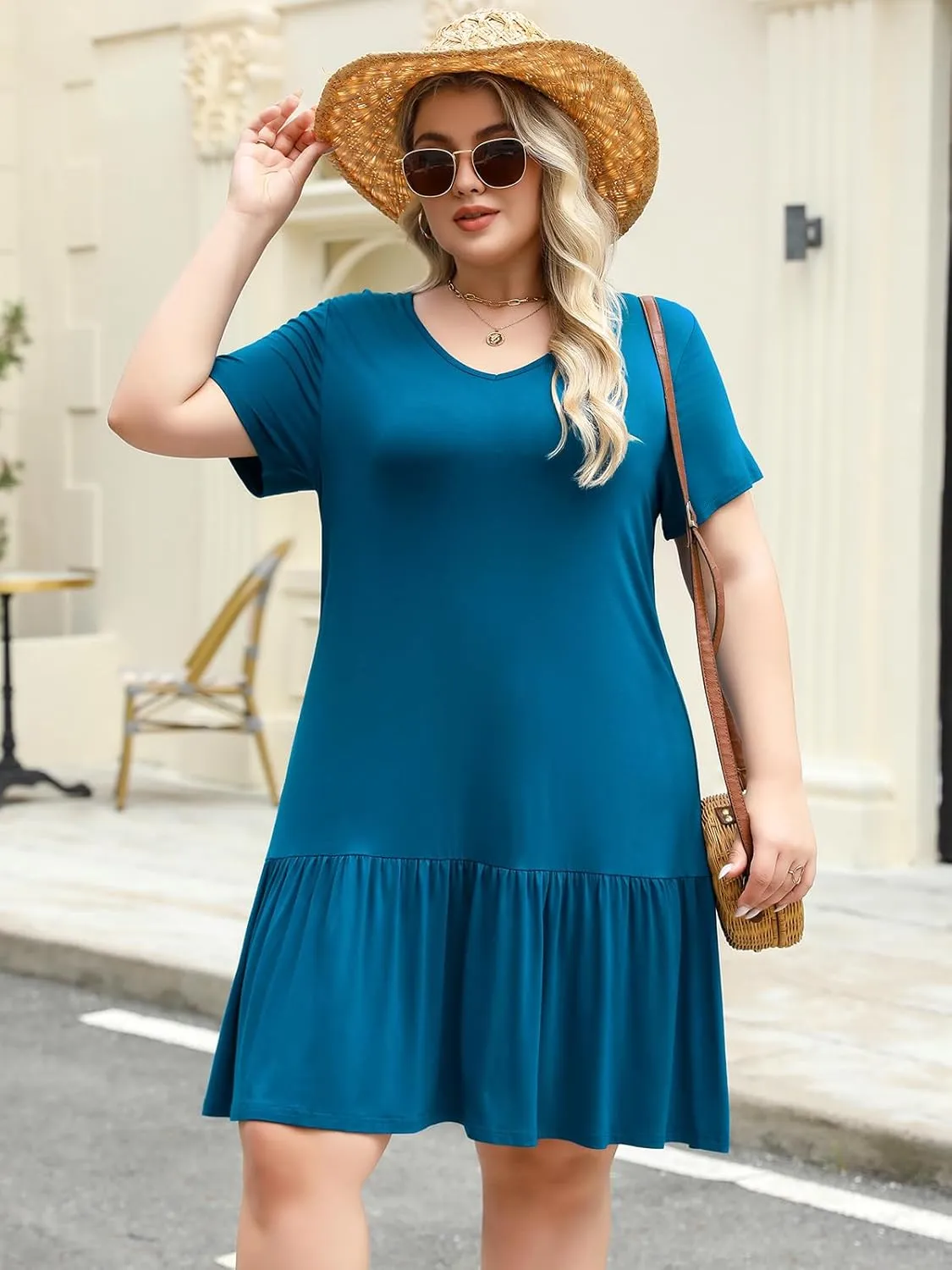 Women's Plus Size Tiered Midi Tunic Dresses 2025 Sexy V Neck Short Sleeve Casual Summer Loose T Shirt Sun Dress