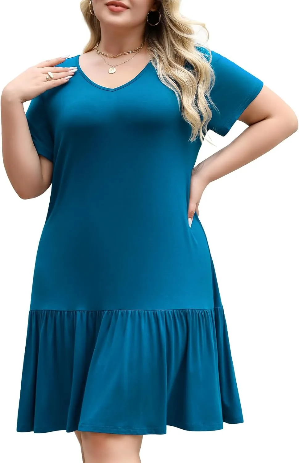 Women's Plus Size Tiered Midi Tunic Dresses 2025 Sexy V Neck Short Sleeve Casual Summer Loose T Shirt Sun Dress