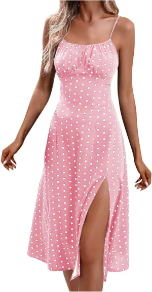Womens Polka Dot High Split Midi Dresses Square Neck Spaghetti Strap Tie Halter Dress Summer Beach Y2k Sun Dresses