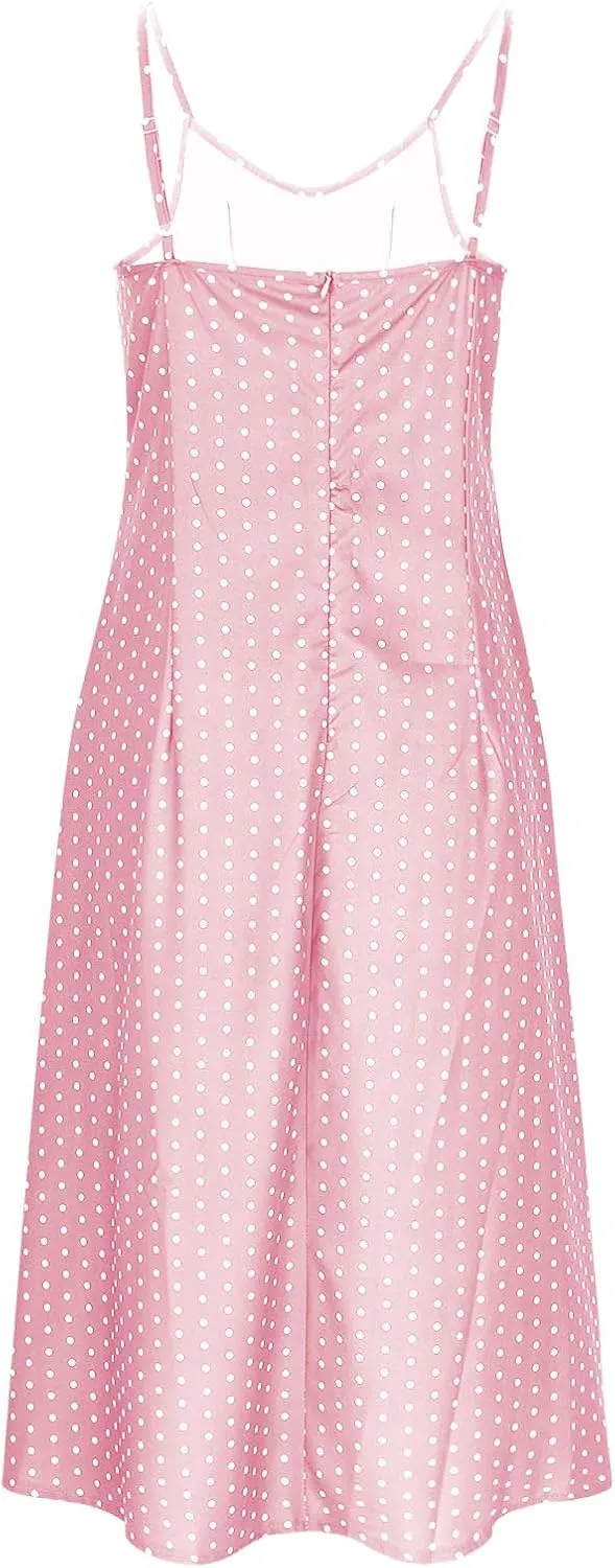 Womens Polka Dot High Split Midi Dresses Square Neck Spaghetti Strap Tie Halter Dress Summer Beach Y2k Sun Dresses